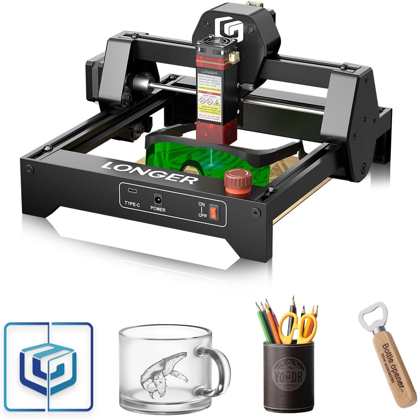 LONGER Ray5 mini Laser Engraver, 12000mm/min High-Speed Cutter for Wood, Metal, Acrylic, Leather, DIY CNC, 130x130mm Engraving Area, WiFi, Emergency Stop Safety (5.5W)