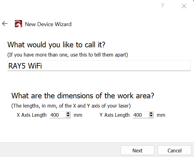 Enter the following data - Name: RAY5 WiFi / X = 400 / Y = 400