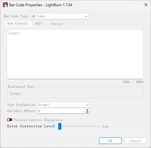 LightBurn Bar Code Properties