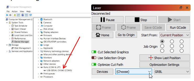 Connection Issues with LightBurn or LaserGRBL — Ray5 MiniS