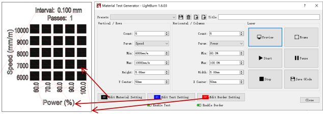How to use Lightburn for material parameter testing