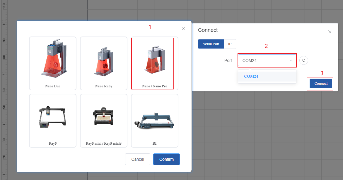 How to connect the machine via USB in different software