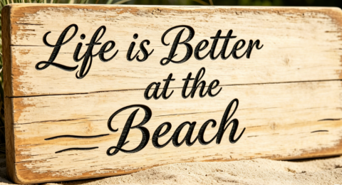 Laser engraved wooden beach sign with the quote "Life is Better at the Beach", a popular summer engraving product