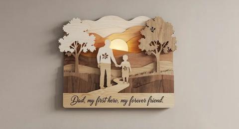 Father's Day laser engraving business ideas featuring personalized wooden, leather, acrylic and slate gifts made with a laser engraver