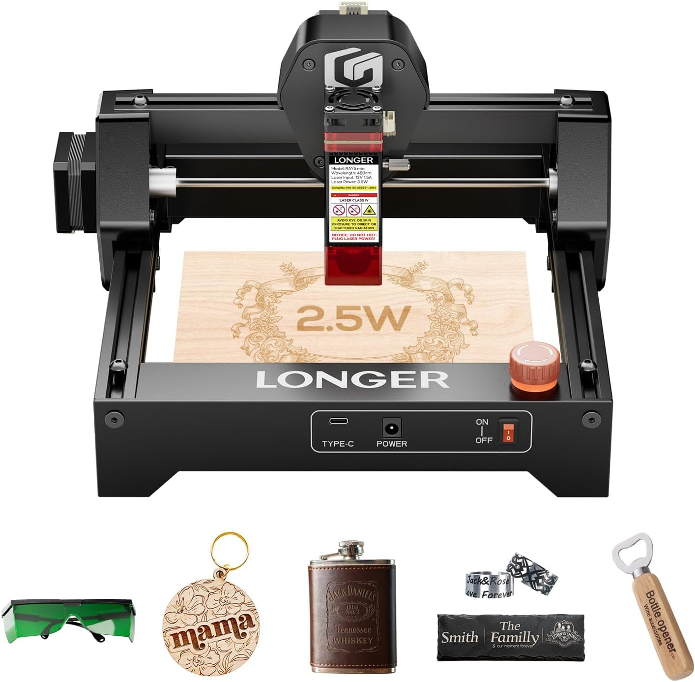 LONGER RAY5 Mini Laser Engraver, 12000mm/min High-Speed Cutter for Wood, Metal, Acrylic, Leather, DIY CNC, 140x130mm Engraving Area, WiFi, Emergency Stop Safety (2.5W)