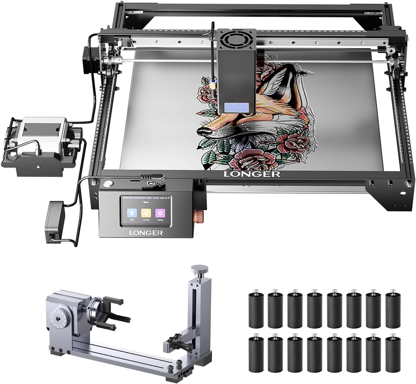 Longer RAY5 40W Laser Engraver with Air Assist Kit, 4-in-1 Rotary Roller, and 16 Pcs Raiser, High Precision Laser Cutter and Engraver for Wood, Metal, Acrylic, Cylindrical Objects, Tumblers