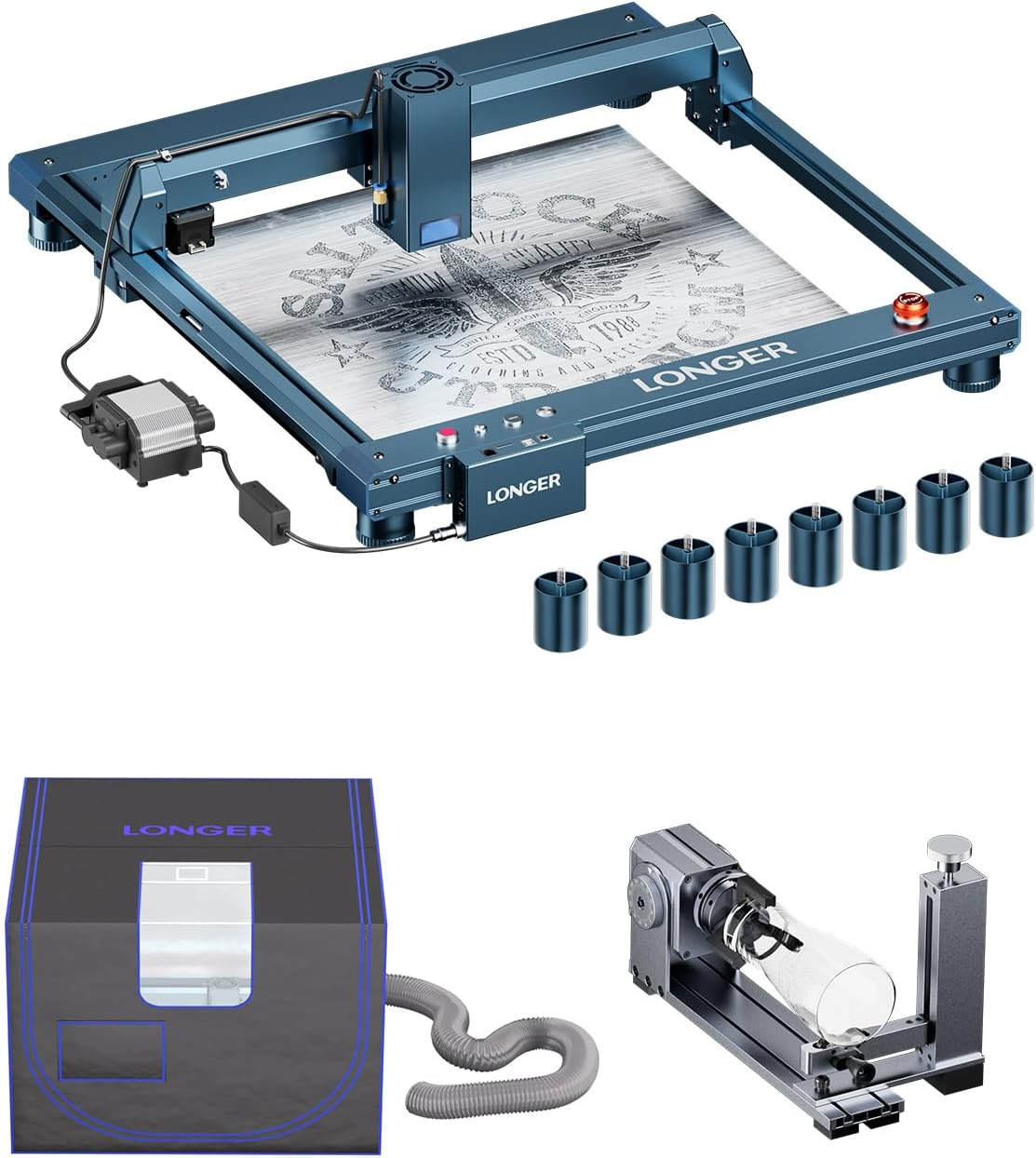 Longer B1 20W Laser Cutter with Air Assist, 4-in-1 Rotary Extension and 16Pcs Riser,Enclosure with Vent,DIY Laser Engraver for Wood and Metal,Acrylic, Glass, Leather