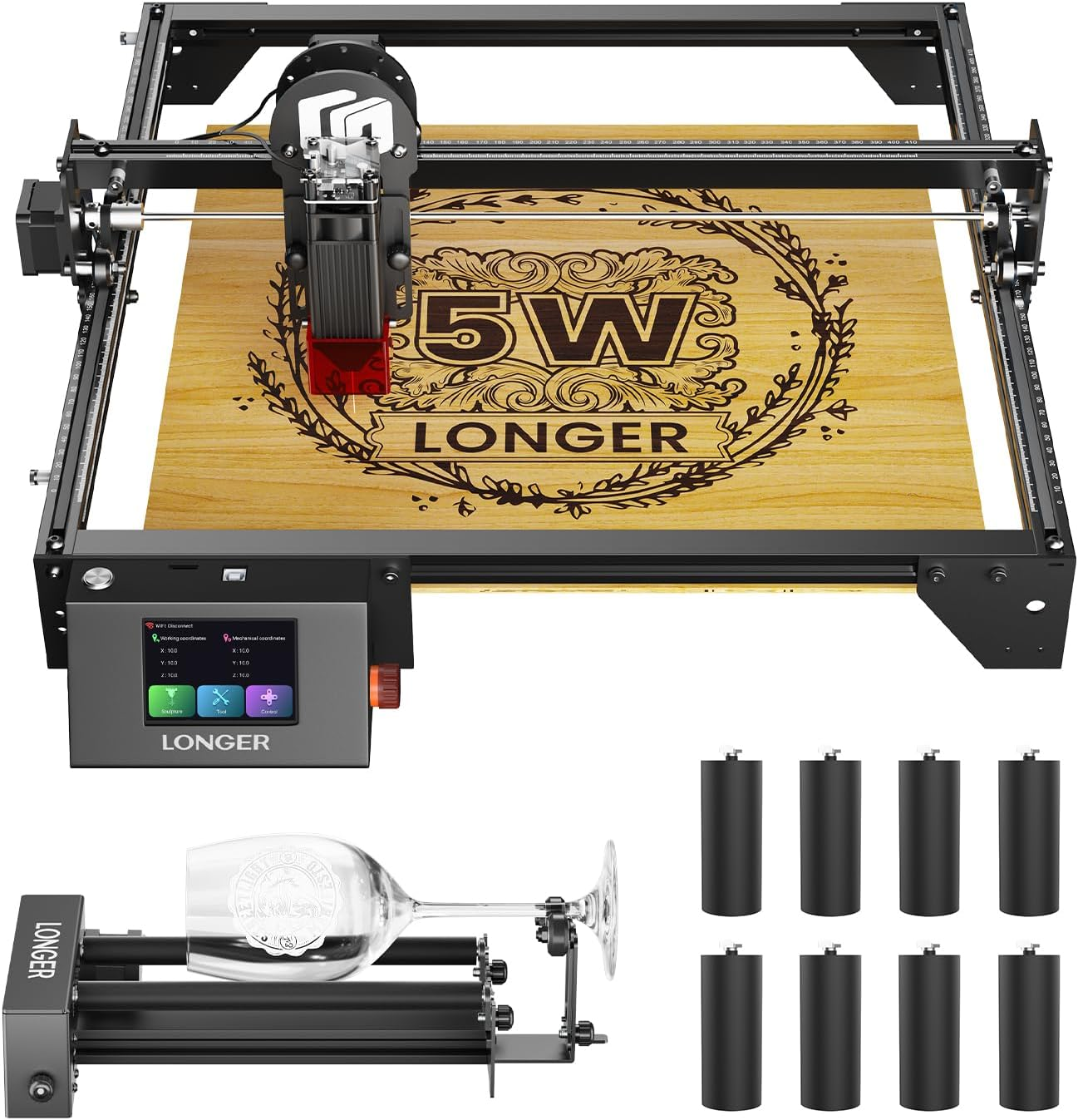 Longer RAY5 5W Laser Engraver with Rotary Roller, 8 Pcs Raiser, 3.5” Color Touch Screen, App Offline Control, DIY Engraver Tool for Metal/Glass/Wood Engraving Area 15.75"x15.75"