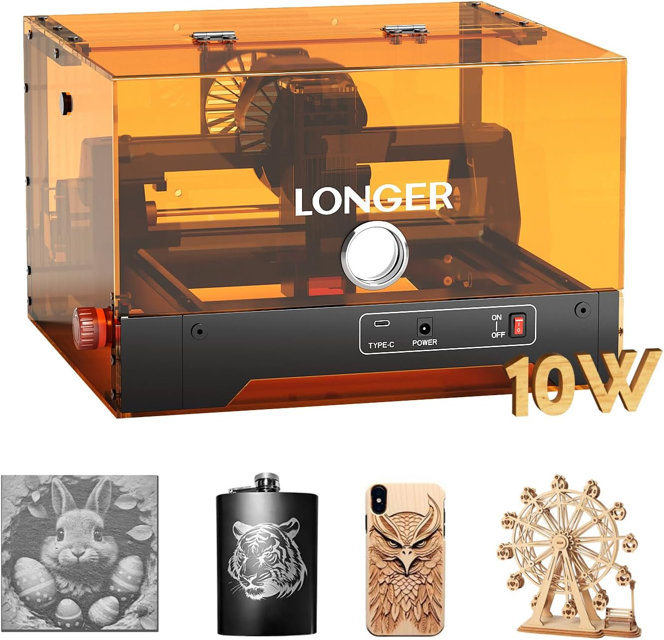 LONGER Laser Engraver Machine, 10W High Precision Laser Engraver, 12000mm/min Fast Engraving Speed, 0.06mm Accuracy, 130×125mm Engraving Area, Wide Application for Wood, Paper, Acrylic, Leather