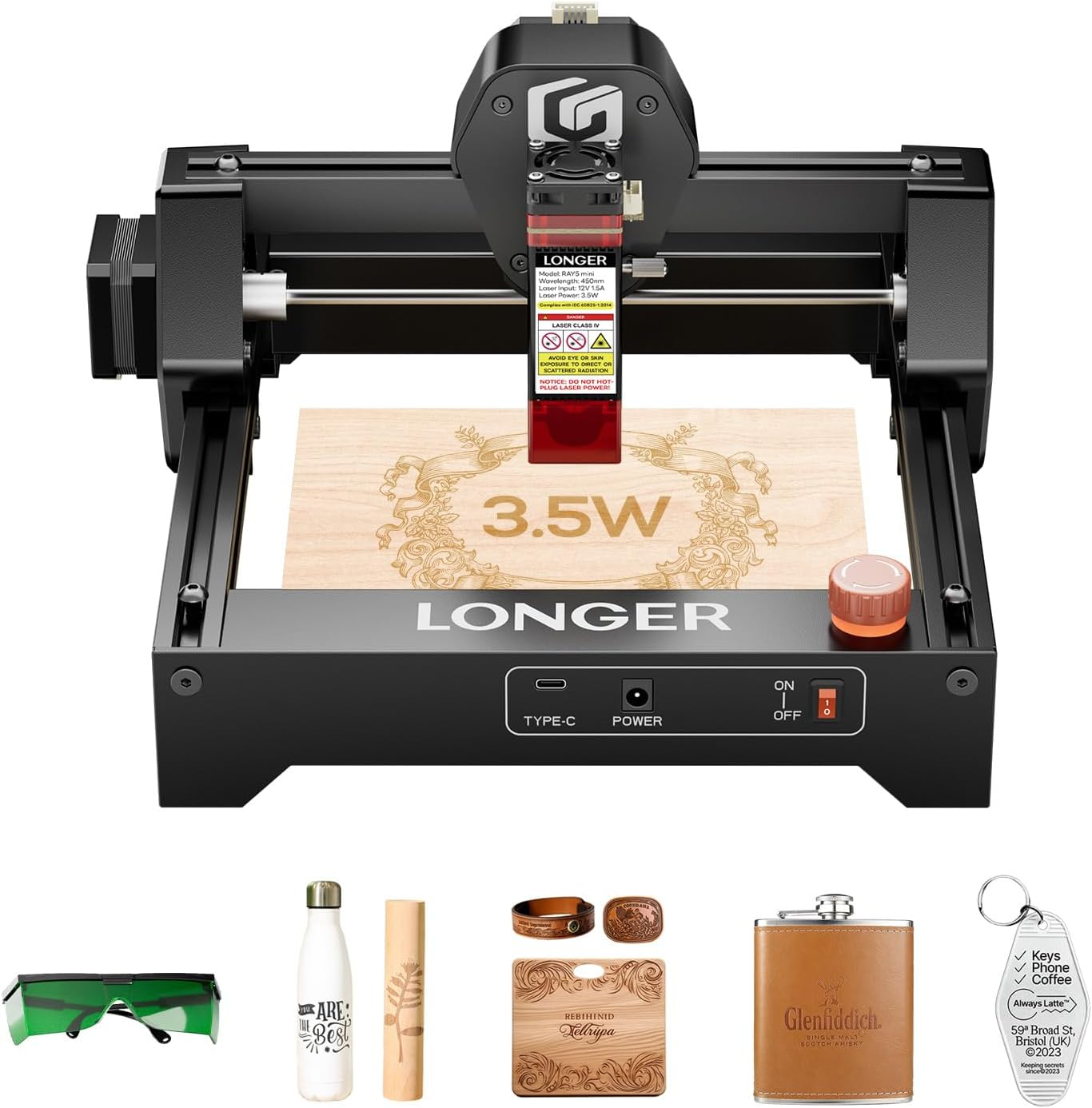 LONGER Ray5 mini Laser Engraver, 12000mm/min High-Speed Cutter for Wood, Metal, Acrylic, Leather, DIY CNC, 140x130mm Engraving Area, WiFi, Emergency Stop Safety (3.5W)