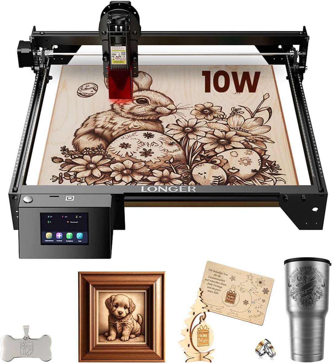 Longer Ray5 laser engraving machine, 60W laser cutting machine, 10W precision laser engraving machine for acrylic, wood, and metal, with emergency stop, engraving machine with a 3.5-inch touch screen.