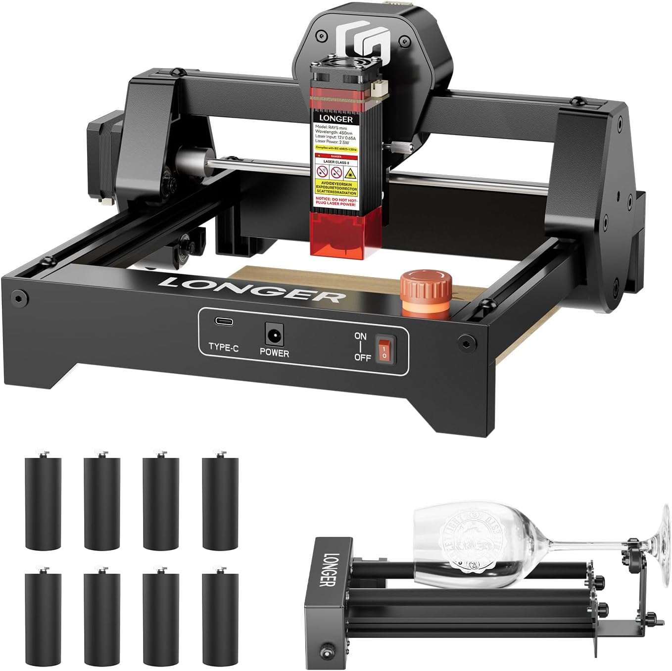LONGER Ray5 mini 3.5W Laser Engraver with Rotary Roller Kit, 12000mm/min High-Speed Cutter for Wood, Metal, Acrylic, Leather, DIY CNC, 130x140mm Engraving Area, WiFi, Emergency Stop Safety