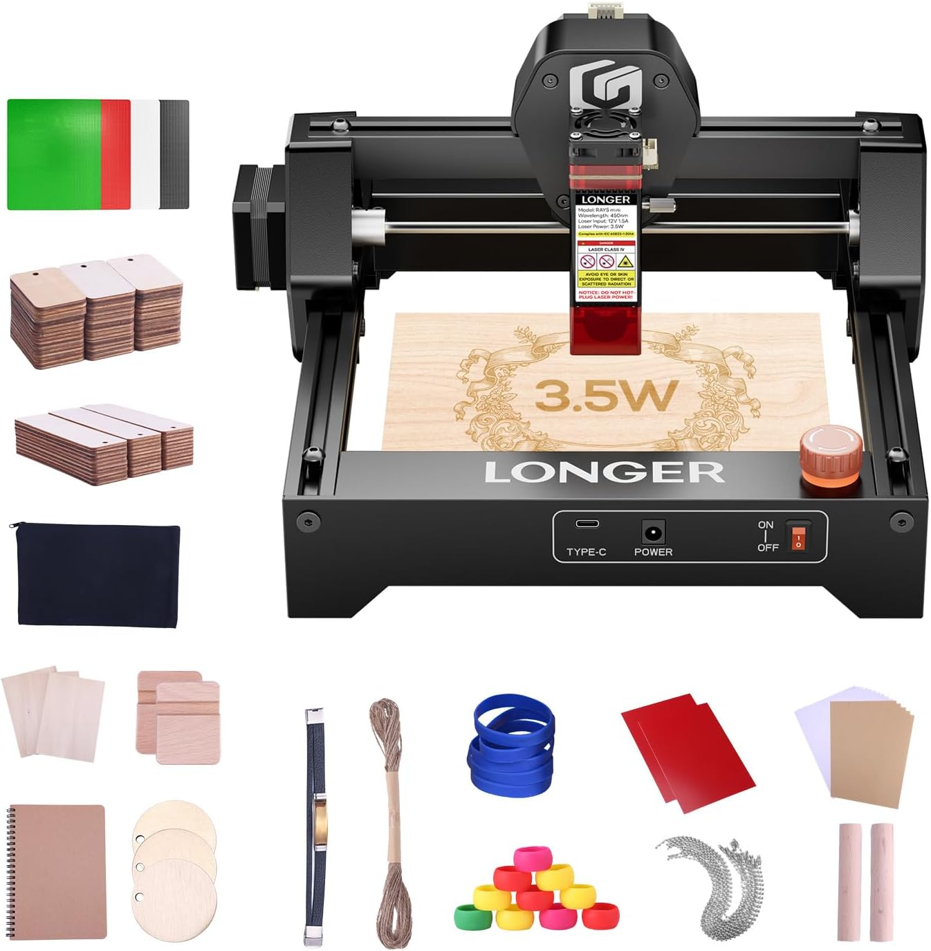 LONGER Ray5 mini 3.5W Laser Engraver with 175 Pcs DIY Material Package, 12000mm/min High-Speed Cutter for Wood, Metal, Acrylic, Leather, DIY CNC, 130x140mm Engraving Area, WiFi, Emergency Stop Safety