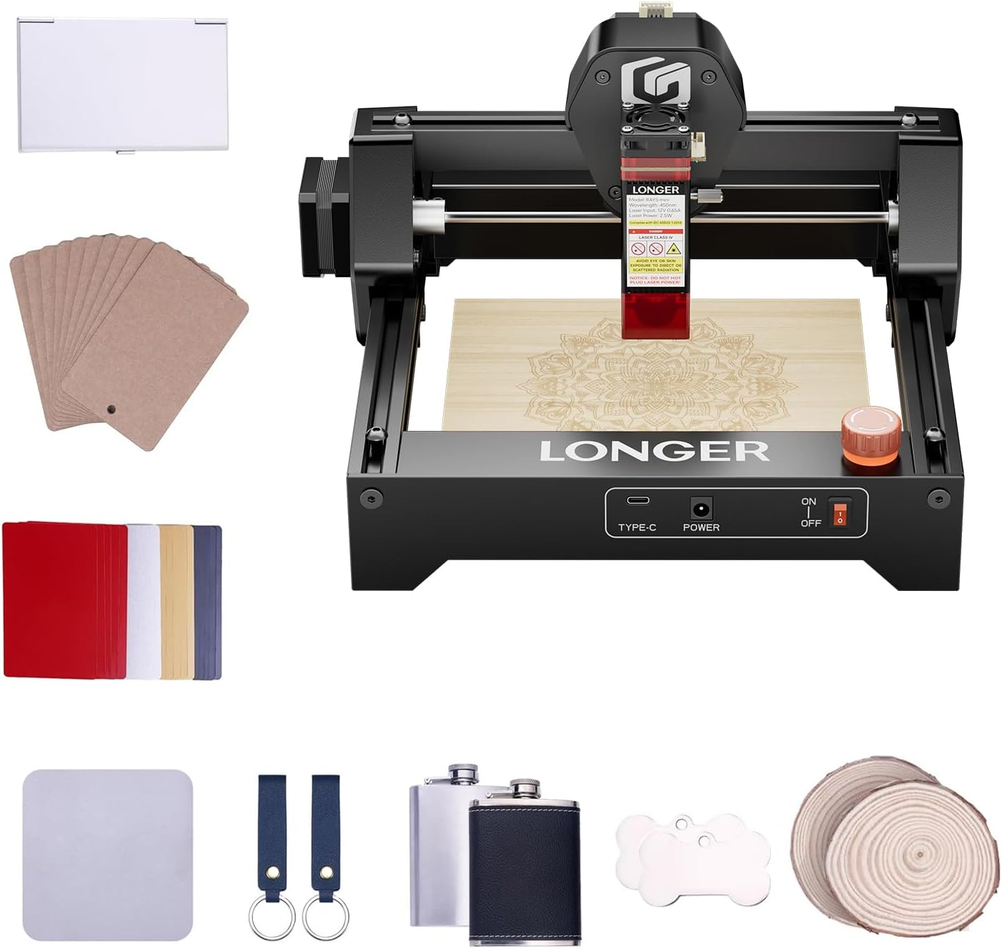 LONGER Ray5 mini  2.5W Laser Engraver with 70 Pcs DIY Material Package, 12000mm/min High-Speed Cutter for Wood, Metal, Acrylic, Leather, DIY CNC, 130x140mm Engraving Area, WiFi, Emergency Stop Safety